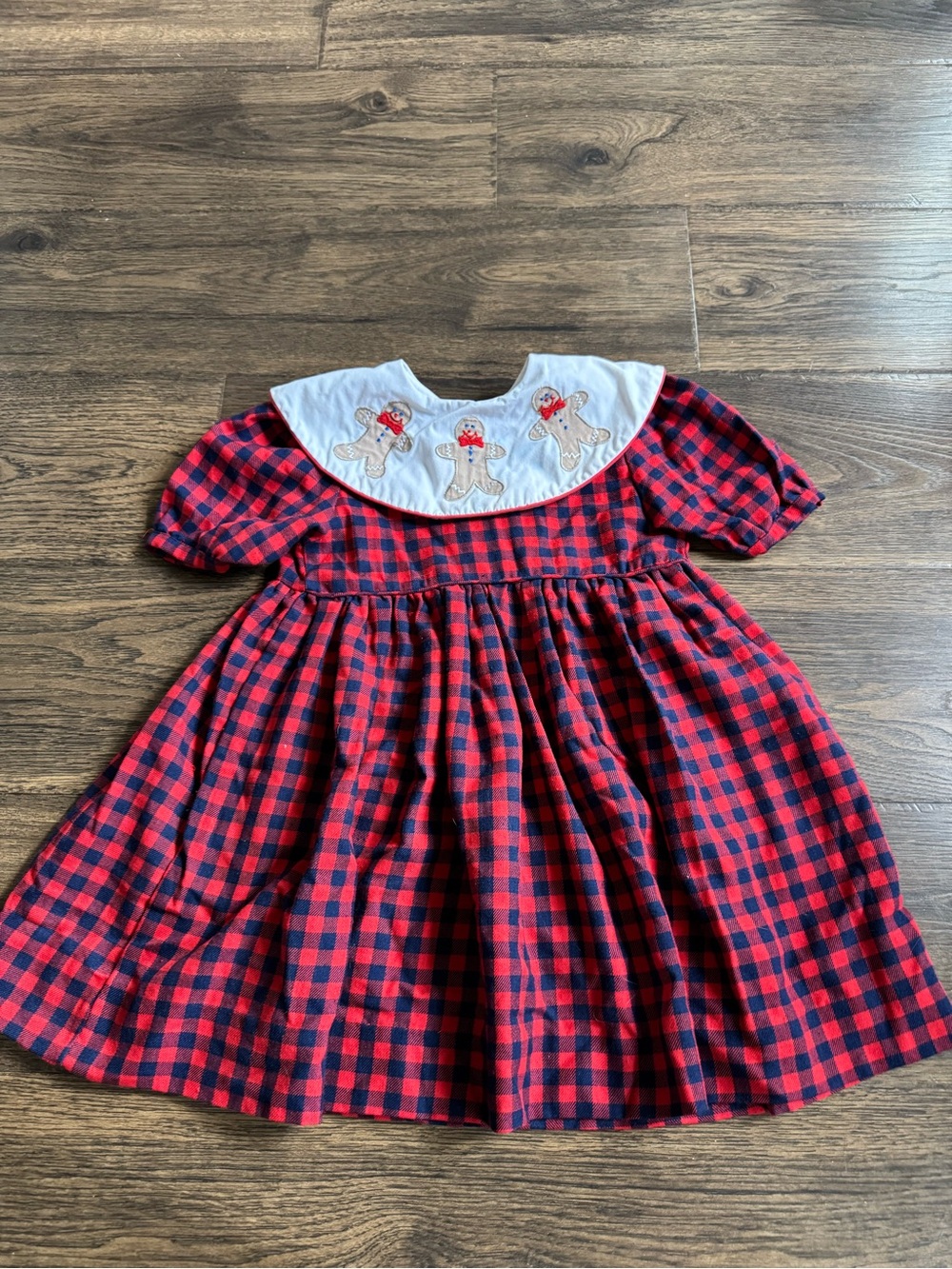 Red & Navy Plaid Holiday Dress with Embroidered Gingerbread Collar